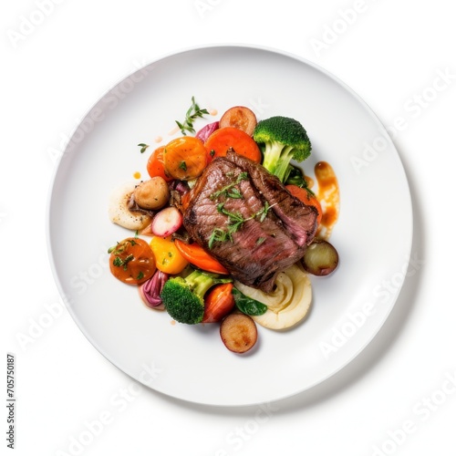  a close up of a plate of food with broccoli, carrots, onions, and a piece of meat on a white plate with a white background.