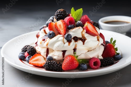  a white plate topped with a dessert covered in whipped cream and berries next to a cup of coffee and a saucer of chocolate sauce on the side of the plate.
