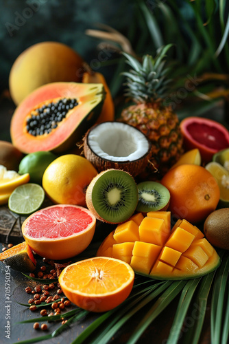 Fresh,exotic fruits,assorted fruits colorful background.Vitamins natural nutrition concept