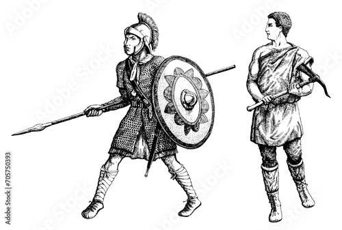 Roman legionnaires drawn by hand. Vector image photo