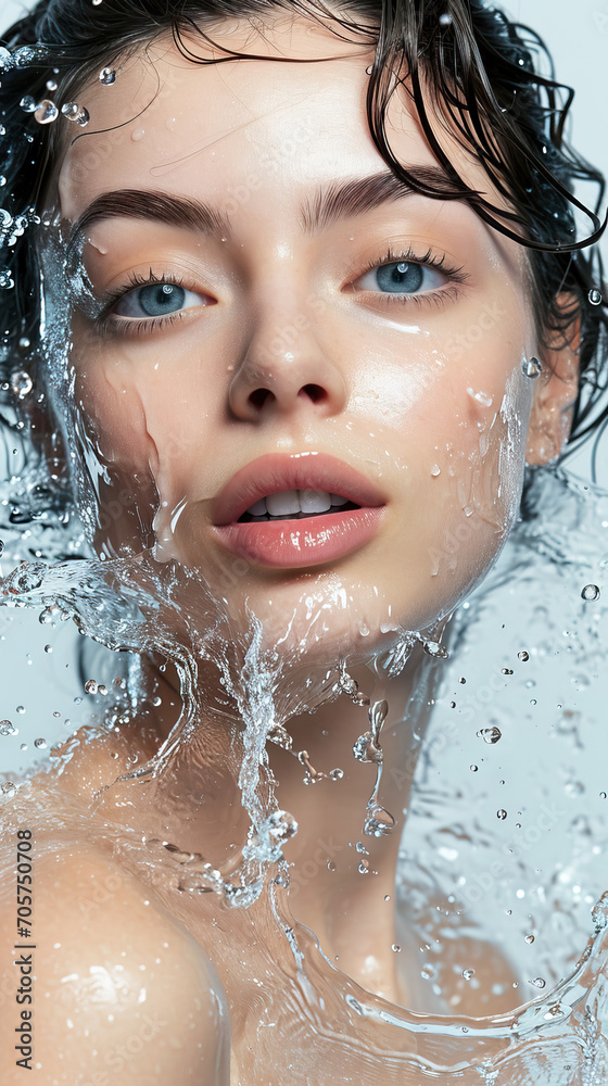 Portrait of a Young Woman with Clean and Fresh Skin, Water Splash Effect on White Background