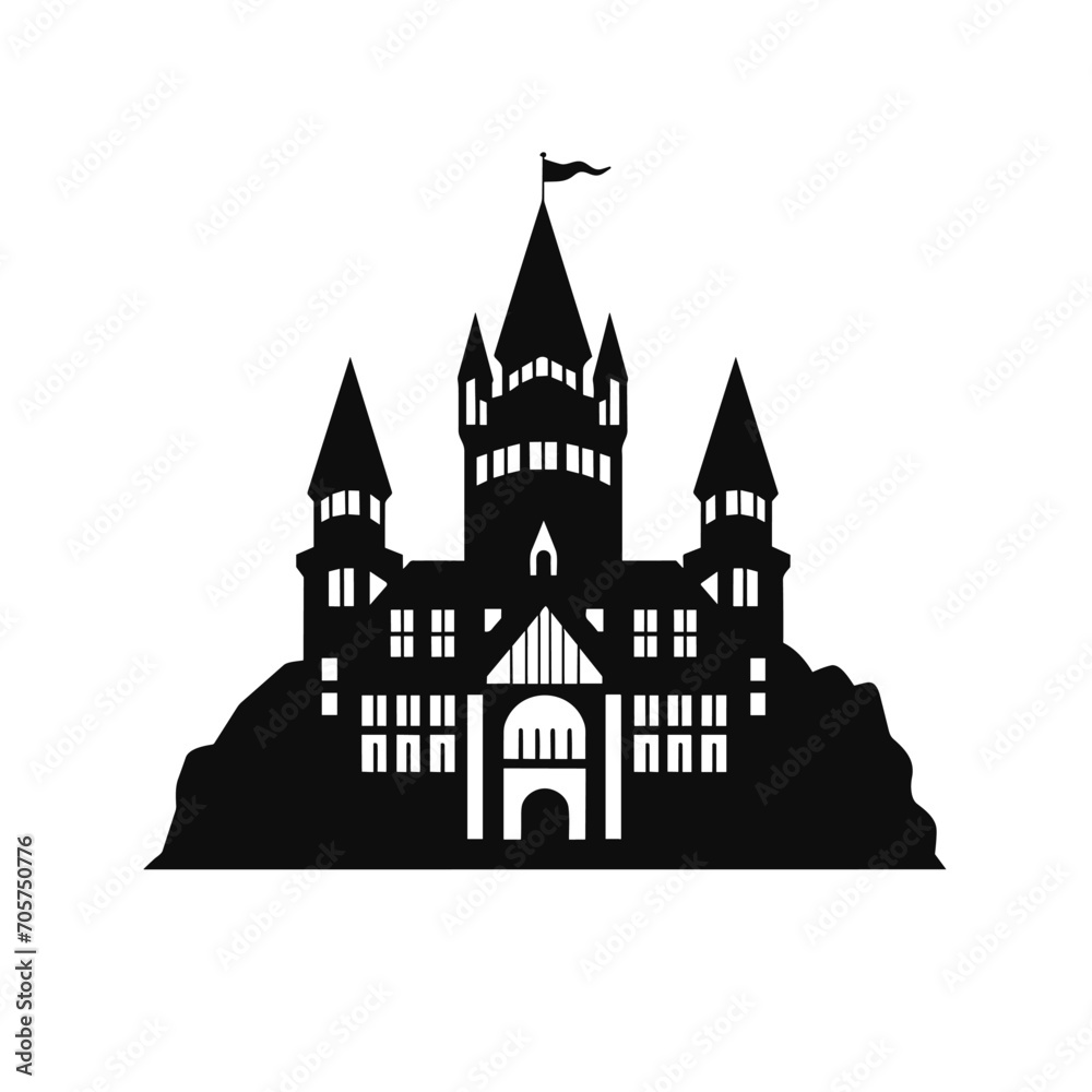 Building simple flat black and white icon logo, reminiscent of Neuschwanstein Castle, Landmark Historic Simple Logo Black and White.
