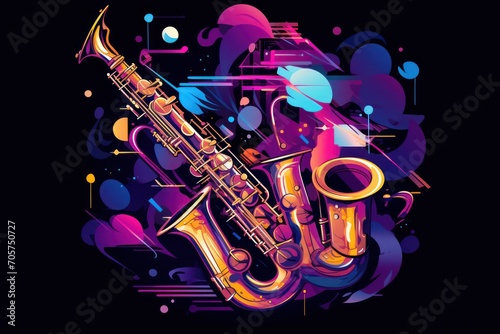  a colorful illustration of a saxophone on a black background with a splash of paint on the bottom half of the image and the word jazz on the bottom half of the image.