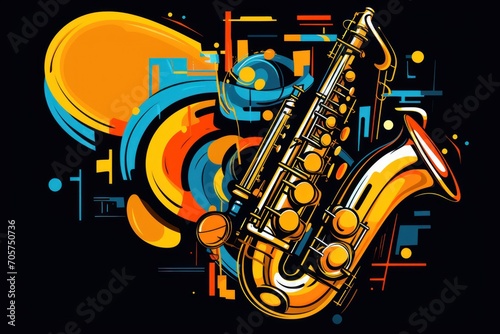  a picture of a saxophone on a black background with a splash of color in the middle of the image and a splash of color in the middle of the image.
