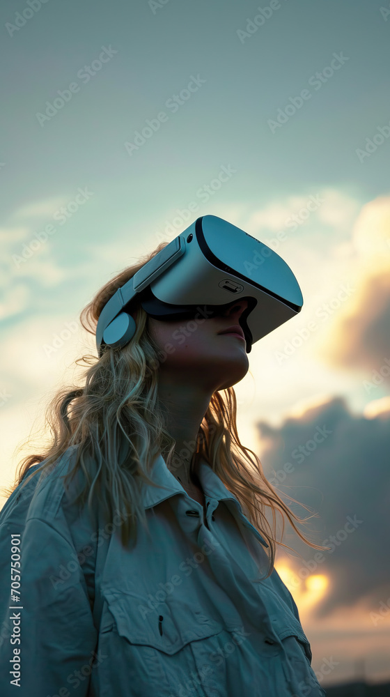 Blonde Woman Wearing Virtual Reality Simulators Under a Cloudy Sky, Illustrating the Fusion of Technology and Nature in Modern Entertainment