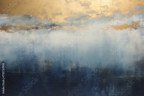  a painting of a blue and yellow sky with white clouds and a yellow and black sky with white clouds and a yellow and black one blue sky with a few white clouds.