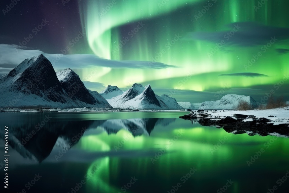  the aurora bore is reflected in the still water of a lake with snow covered mountains in the background and the sky with green and purple lights reflecting in the water.