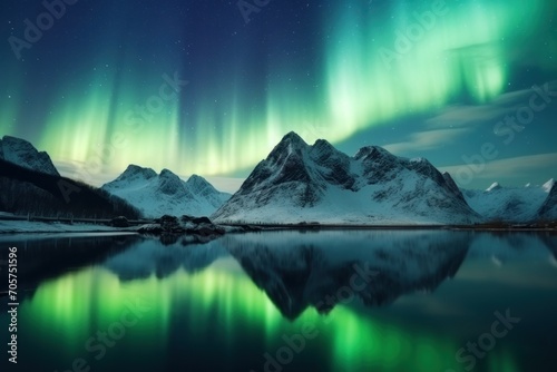  an aurora bore over a mountain range with a lake in the foreground and a reflection of the sky in the water in front of the mountain range is reflected in the water.