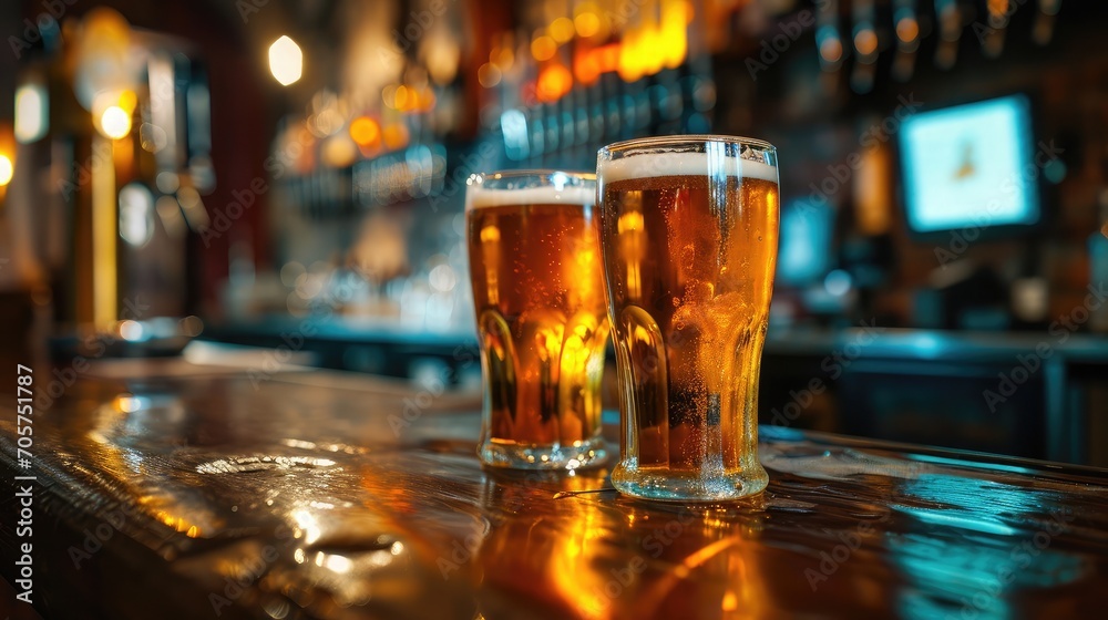 Cold glasses of beer in a bar 