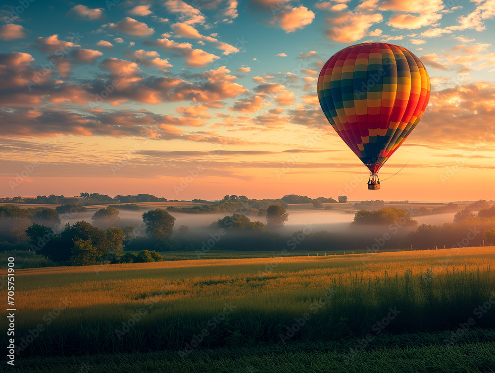 Fototapeta premium A Photo of a Couple Taking an Early Morning Balloon Flight Over a Local Field With a Sunrise and a Colorful Balloon