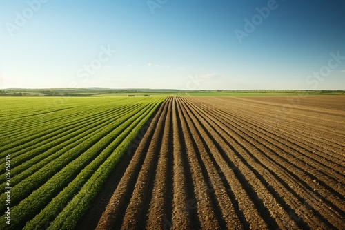 This captivating image showcases an expansive field under a clear blue sky  revealing a stark contrast between lush greenery on one half and drought-stricken crops on the other