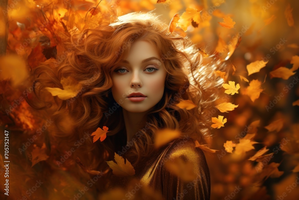 a woman with long red hair and blue eyes is surrounded by yellow and orange leaves in an artistic fashion photo by the image is taken in the middle of the image. a woman with long red hair and blue eyes is surrounded by yellow and orange leaves in an artistic fashion photo by the image is taken in the middle of the image.