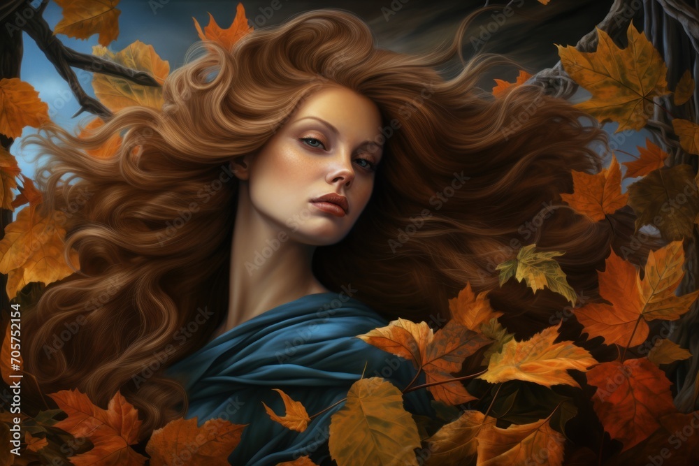  a painting of a woman with her hair blowing in the wind with autumn leaves surrounding her and behind her is a tree with oranges and yellow leaves in the foreground.