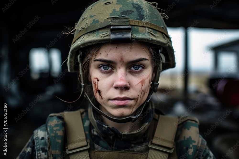 Young woman soldier with a gaze reflecting bravery and the toll of combat