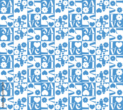 love daisy pattern blue white flower heart and typography