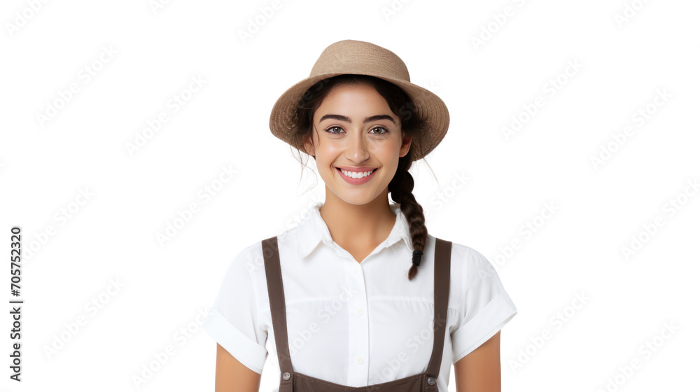 Female farmer looking at the camera and smiling, isolated on transparent and white background.PNG image. Female farmer looking at the camera and smiling, isolated on transparent and white background.PNG image.