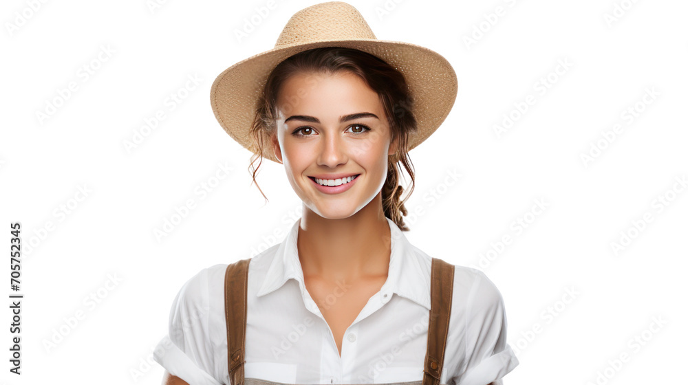 Female farmer looking at the camera and smiling, isolated on transparent and white background.PNG image. Female farmer looking at the camera and smiling, isolated on transparent and white background.PNG image.