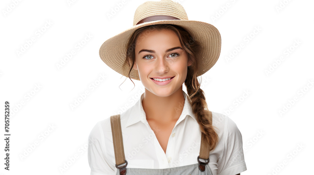 Female farmer looking at the camera and smiling, isolated on transparent and white background.PNG image. Female farmer looking at the camera and smiling, isolated on transparent and white background.PNG image.