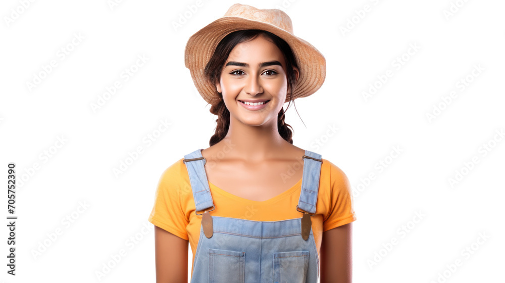 Female farmer looking at the camera and smiling, isolated on transparent and white background.PNG image. Female farmer looking at the camera and smiling, isolated on transparent and white background.PNG image.