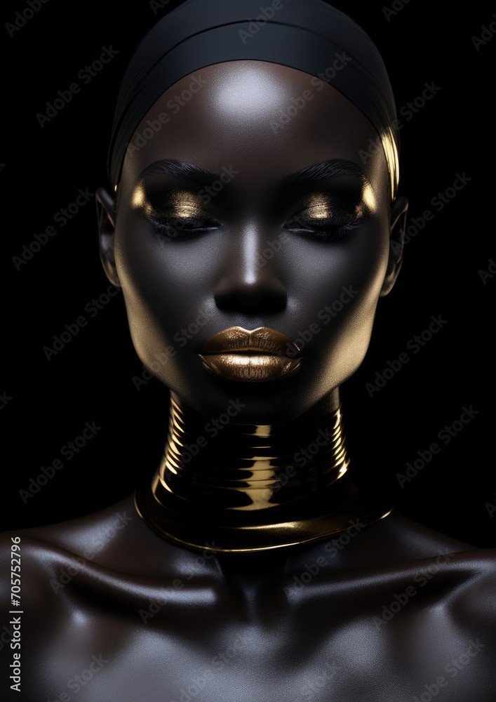 Fashion portrait of dark skinned model girl with golden makeup on dark background Fashion portrait of dark skinned model girl with golden makeup on dark background