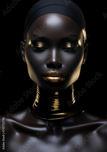 Fashion portrait of dark skinned model girl with golden makeup on dark background