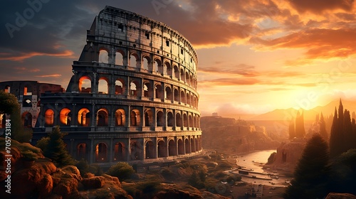  Cinematic Shot of Colosseum Building, Italy, Architectural Grandeur, Historic Landmark, Eternal Beauty, Iconic Structure