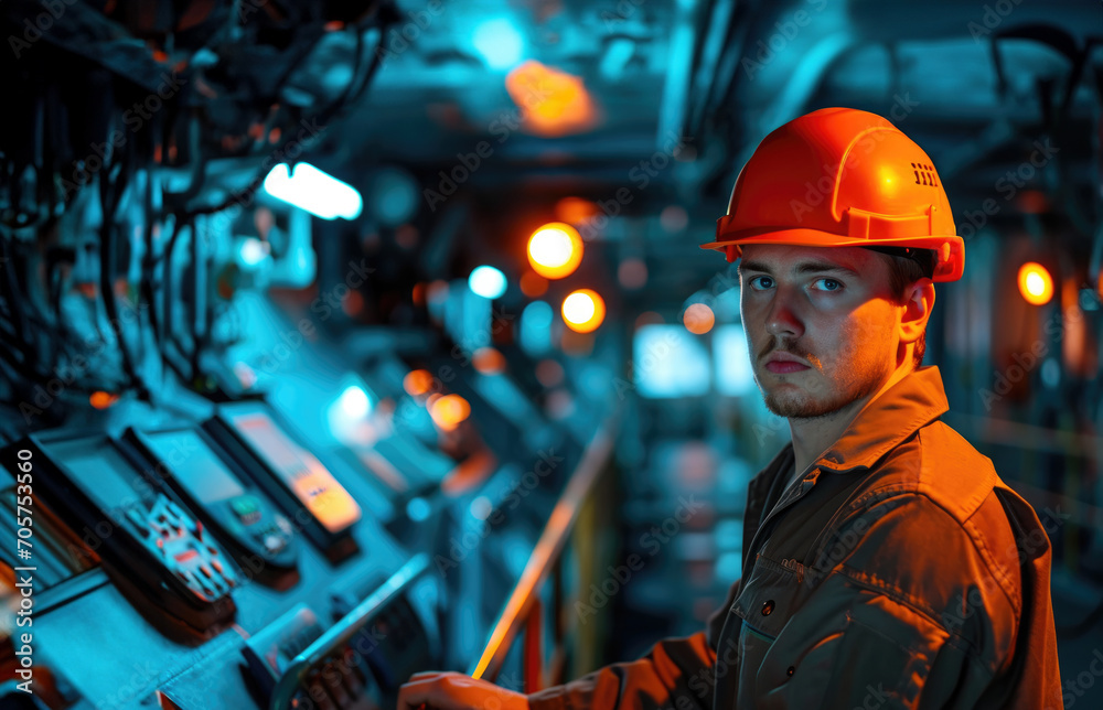 Portrait of a working man in a helmet in production, factory plant of a factory Portrait of a working man in a helmet in production, factory plant of a factory