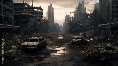 war apocalyptic city. . Destroyed buildings, burnt out vehicles and ruined roads. generative ai