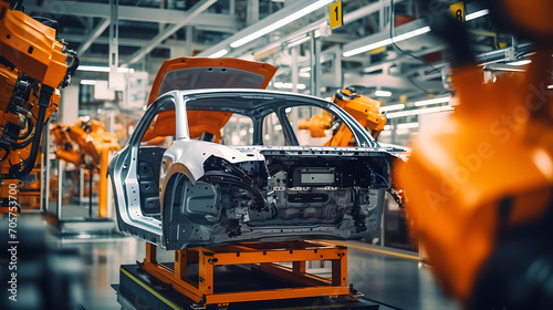 Component Installation and Quality Control of body car assembly. Fully Automated car assembly Line Equipped with High Precision Robot Arms at Car Factory photo