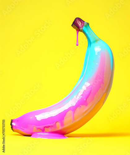 Rainbow painted banana on yellow background. Minimal abstract concept. Vivid colors.