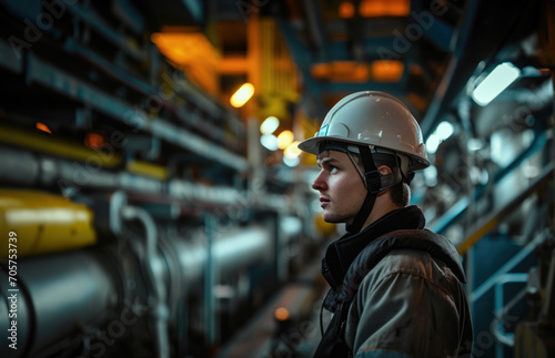 Portrait of a working man in a helmet in production, factory plant of a factory © Alina Zavhorodnii