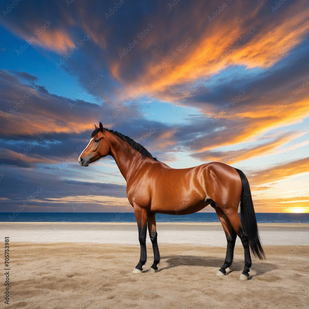 Brown horse on sandy beach at sunset Brown horse on sandy beach at sunset