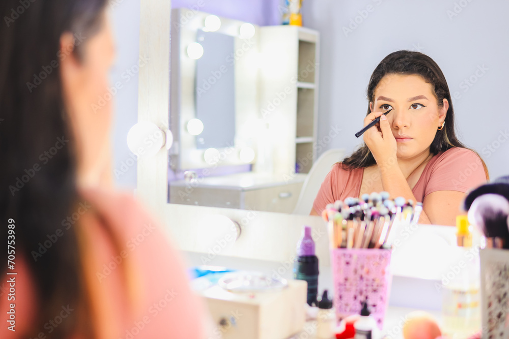 Colombian Woman Applying Makeup with Elegance in a Beauty Salon Routine, Feminine Beauty, Personal Style, and Self-Care Colombian Woman Applying Makeup with Elegance in a Beauty Salon Routine, Feminine Beauty, Personal Style, and Self-Care