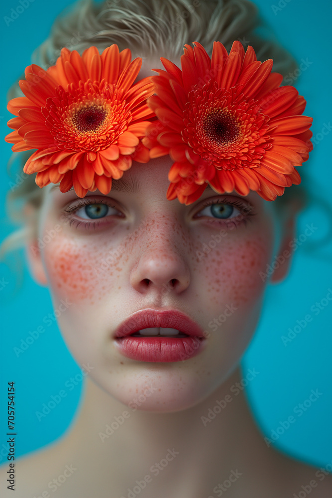 Woman with freckle skin and two gerbera on the head. Portrait spring photography. Vibrant color.