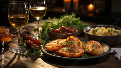  a close up of a plate of food on a table with a glass of wine and a plate of food on a table next to a bowl of salad and a glass of wine.