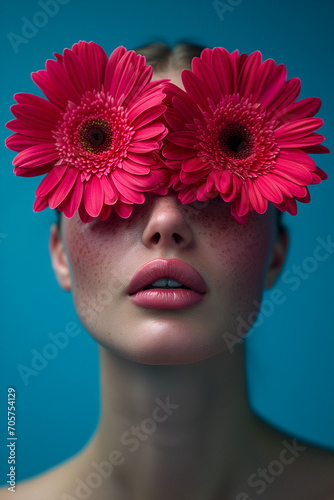 Woman with freckle skin and two gerbera instead of sunglasses. Portrait spring photography. Vibrant color.