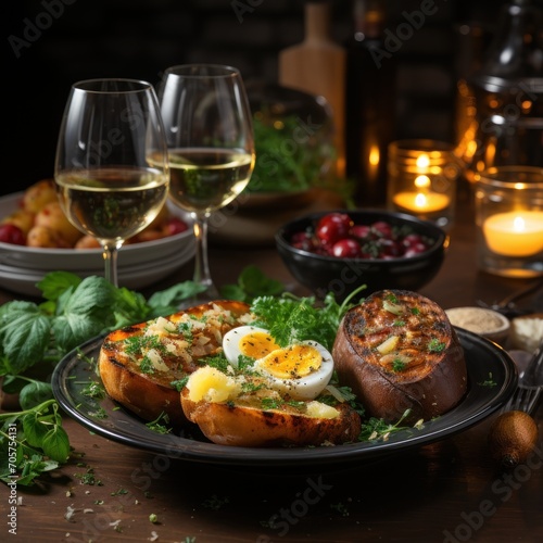  a close up of a plate of food on a table with a glass of wine and a plate of food on a table with other plates and glasses of food.