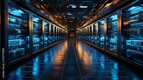 A modern high-tech data center with several rows of working servers in one room. Big data. Generative AI
