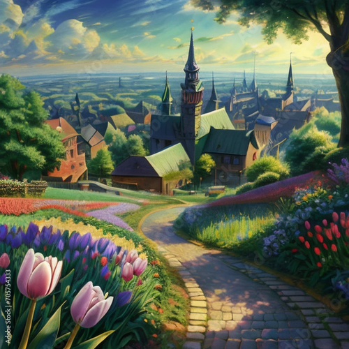 Illustration of a beautiful flower field and a castle photo