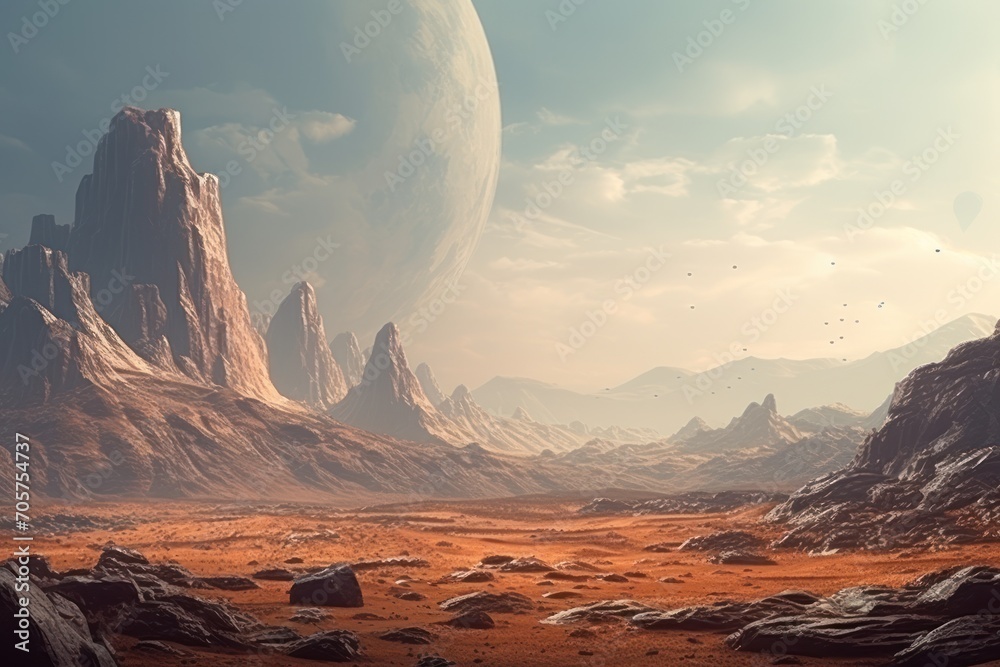  an alien landscape with mountains, rocks, and a distant object in the distance in the distance is a distant object in the distance is a distant object in the foreground.