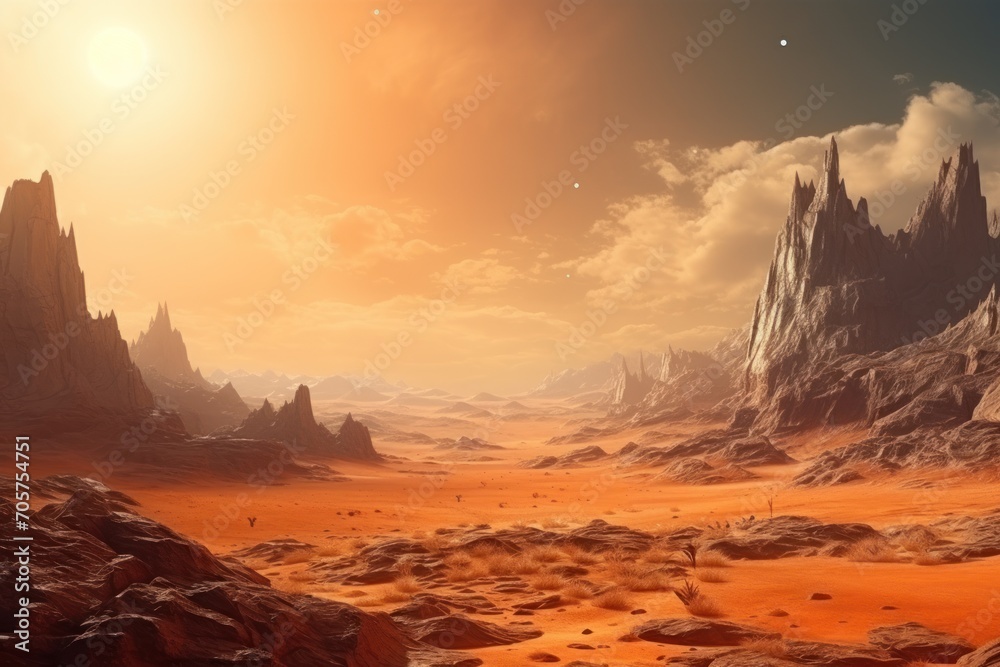  an artist's rendering of a desert scene with rocks, sand, and a distant star in the distance with a bright yellow sun in the middle of the sky.
