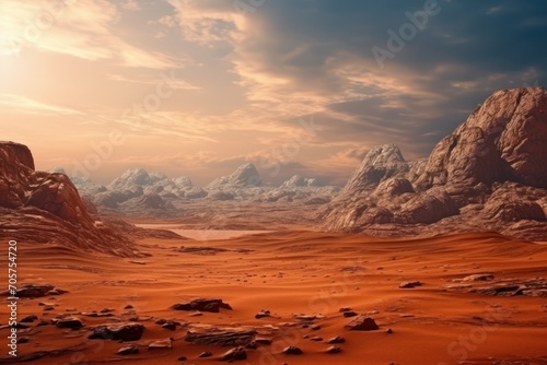  this is a computer generated image of a desert with rocks in the foreground and a rocky outcrop on the far side of the image in the foreground.