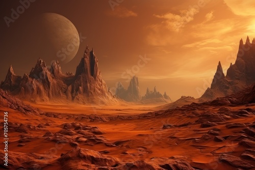  an alien landscape with mountains, rocks, and a distant planet in the distance with a distant moon in the sky, and a distant planet in the foreground.