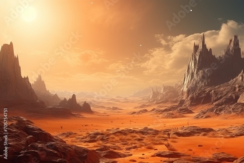  an artist's rendering of a desert scene with rocks, sand, and a distant star in the distance with a bright yellow sun in the middle of the sky. © Nadia