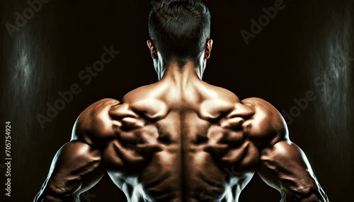Close-up of a muscular man, back view of a bodybuilder athlete on a dark background with copy space. Generative Ai.