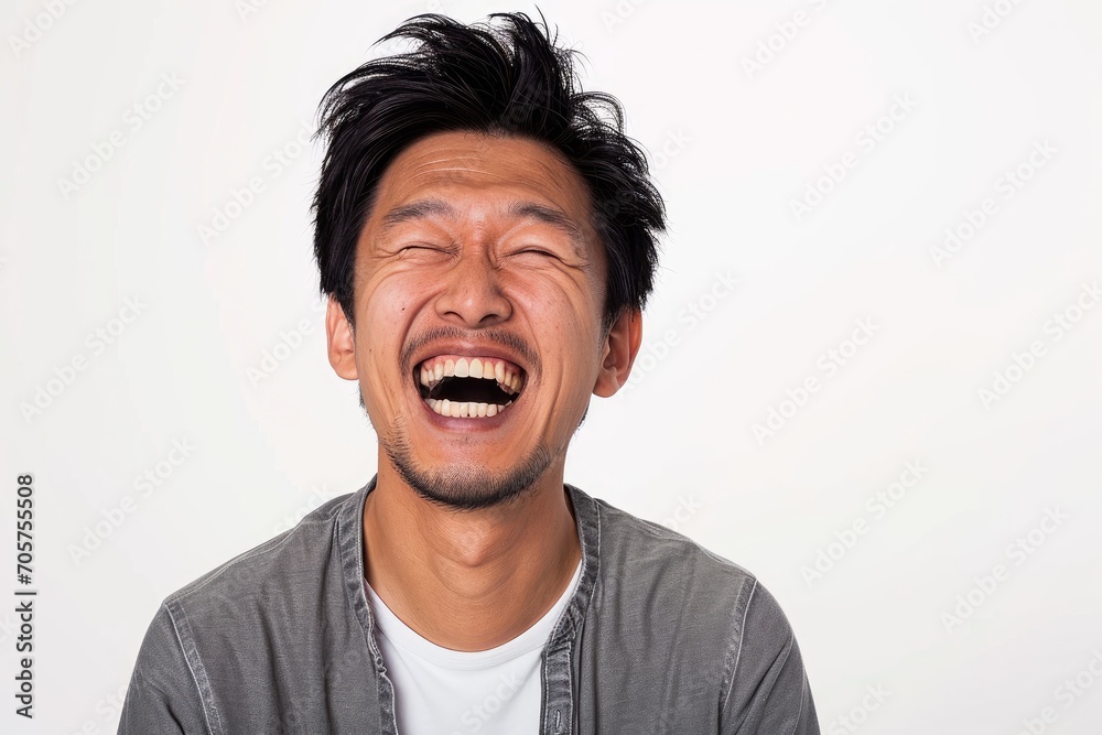 High-energy portrait of an Asian man in mid-laugh, white background High-energy portrait of an Asian man in mid-laugh, white background