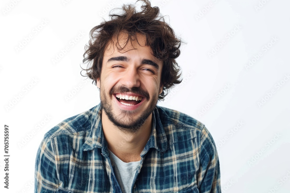 Joyful portrait of a European man laughing, genuine happiness, white background Joyful portrait of a European man laughing, genuine happiness, white background