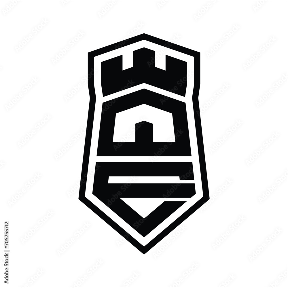 QE Letter Logo monogram hexagon shield shape up and down with crown castle isolated style design QE Letter Logo monogram hexagon shield shape up and down with crown castle isolated style design