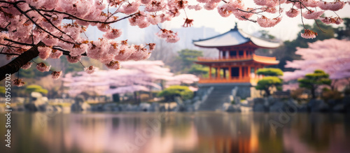 Beautiful Japanese landscape with cherry blossoms in the background