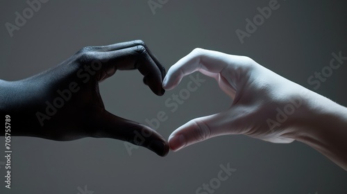 Valentines day concept: Inter-racial love couple, White and black hand forming heart sign, Racial unity to Fight against racism and racial discrimination, Promotion of Equality diversity inclusion photo